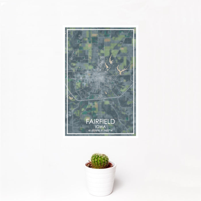 12x18 Fairfield Iowa Map Print Portrait Orientation in Afternoon Style With Small Cactus Plant in White Planter