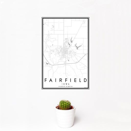12x18 Fairfield Iowa Map Print Portrait Orientation in Classic Style With Small Cactus Plant in White Planter