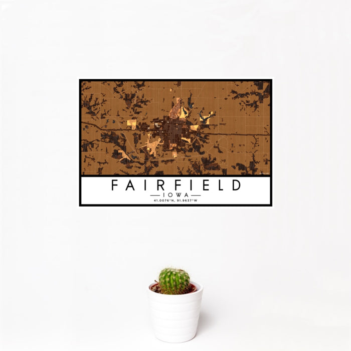 12x18 Fairfield Iowa Map Print Landscape Orientation in Ember Style With Small Cactus Plant in White Planter