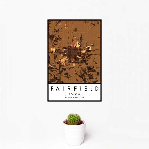 12x18 Fairfield Iowa Map Print Portrait Orientation in Ember Style With Small Cactus Plant in White Planter