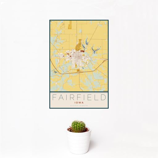 12x18 Fairfield Iowa Map Print Portrait Orientation in Woodblock Style With Small Cactus Plant in White Planter