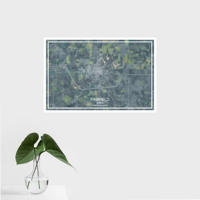 16x24 Fairfield Iowa Map Print Landscape Orientation in Afternoon Style With Tropical Plant Leaves in Water