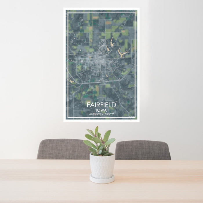 24x36 Fairfield Iowa Map Print Portrait Orientation in Afternoon Style Behind 2 Chairs Table and Potted Plant
