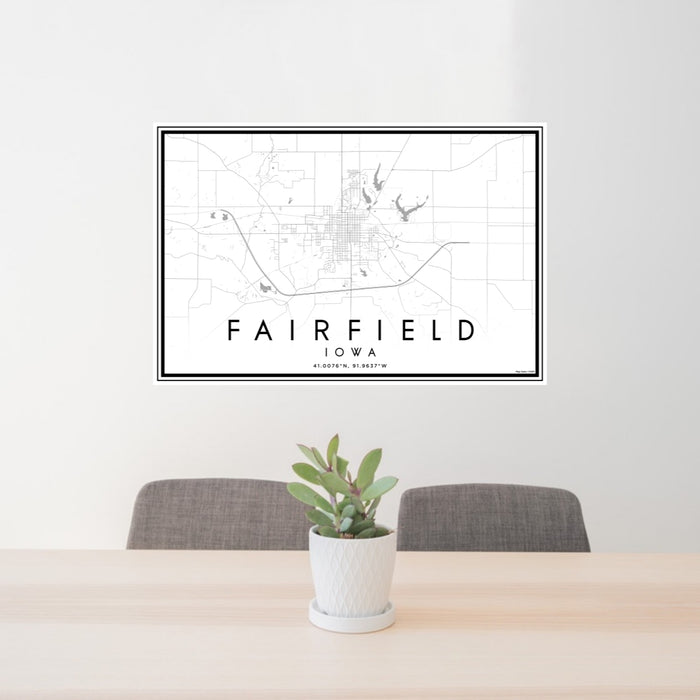 24x36 Fairfield Iowa Map Print Lanscape Orientation in Classic Style Behind 2 Chairs Table and Potted Plant