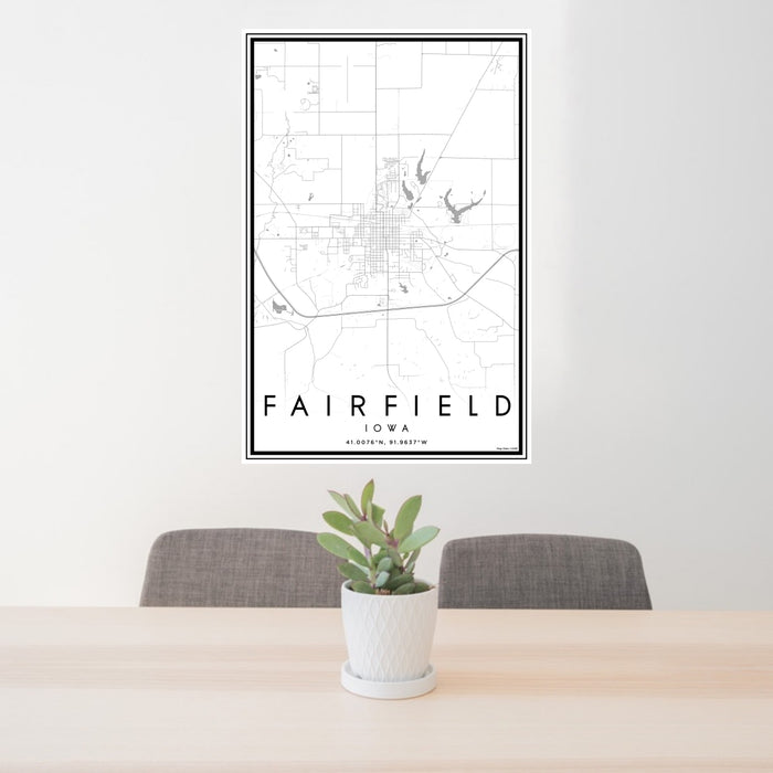 24x36 Fairfield Iowa Map Print Portrait Orientation in Classic Style Behind 2 Chairs Table and Potted Plant