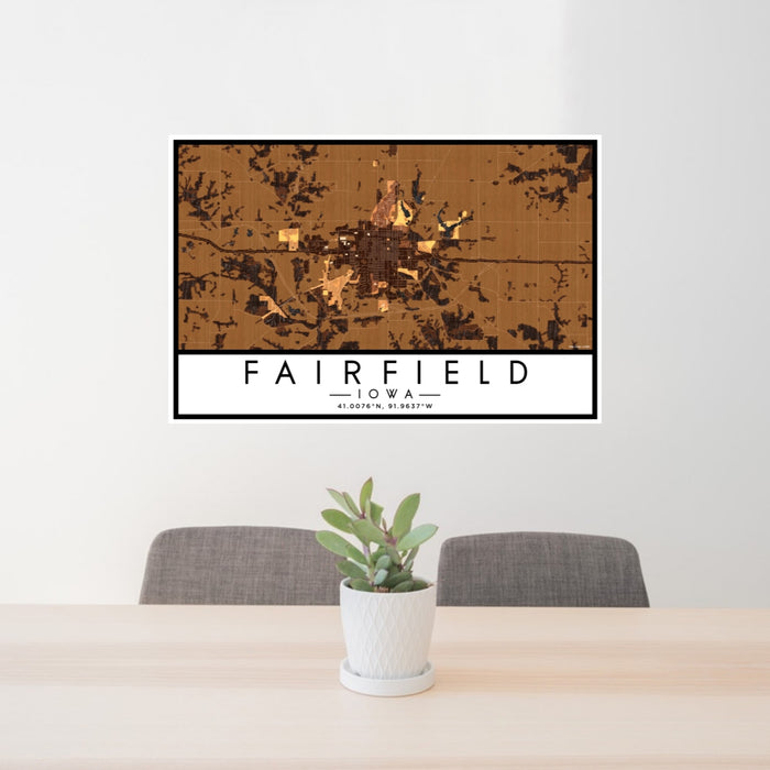 24x36 Fairfield Iowa Map Print Lanscape Orientation in Ember Style Behind 2 Chairs Table and Potted Plant