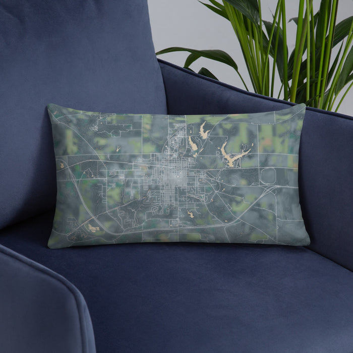 Custom Fairfield Iowa Map Throw Pillow in Afternoon on Blue Colored Chair
