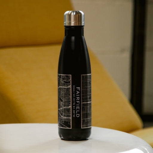 Fairfield Iowa Custom Engraved City Map Inscription Coordinates on 17oz Stainless Steel Insulated Cola Bottle in Black