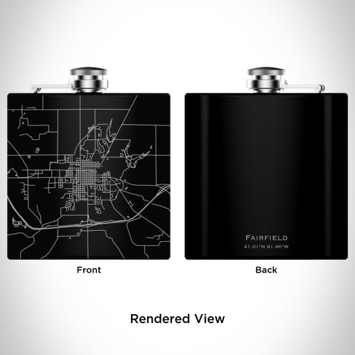 Rendered View of Fairfield Iowa Map Engraving on 6oz Stainless Steel Flask in Black