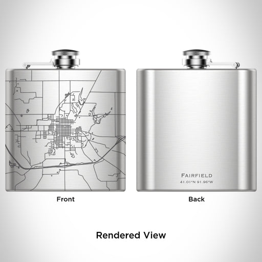 Rendered View of Fairfield Iowa Map Engraving on 6oz Stainless Steel Flask
