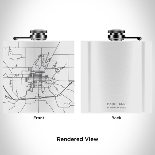 Rendered View of Fairfield Iowa Map Engraving on 6oz Stainless Steel Flask in White