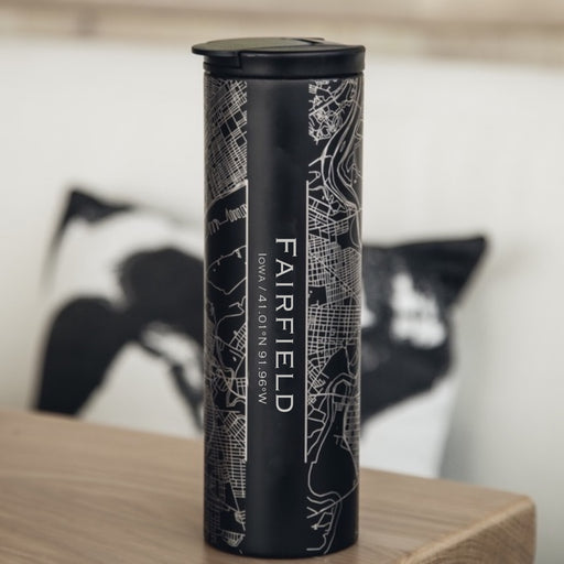 Fairfield Iowa Custom Engraved City Map Inscription Coordinates on 17oz Stainless Steel Insulated Tumbler in Black
