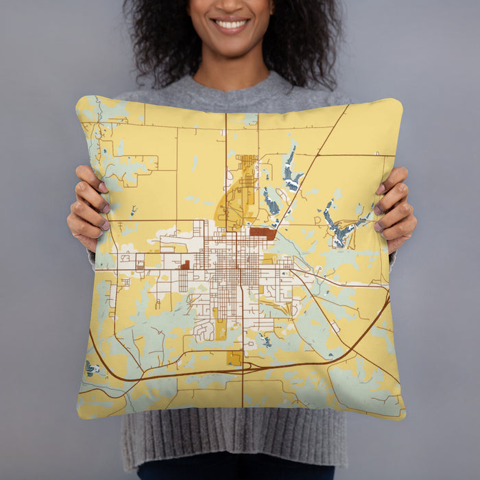 Person holding 18x18 Custom Fairfield Iowa Map Throw Pillow in Woodblock