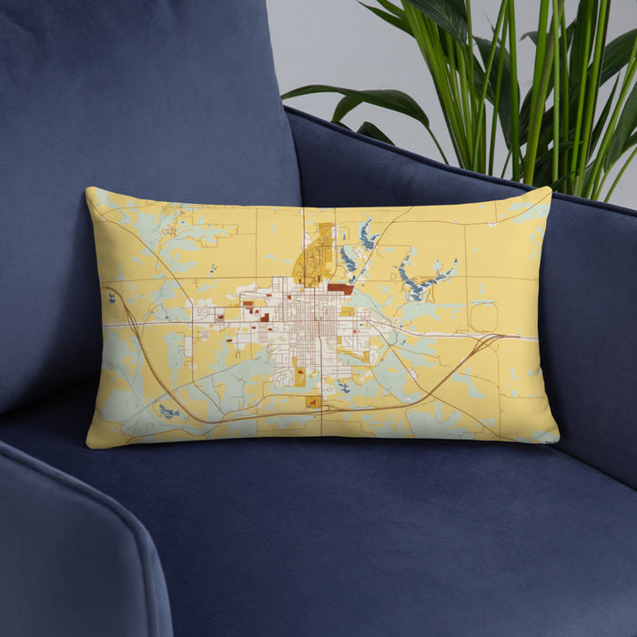 Custom Fairfield Iowa Map Throw Pillow in Woodblock on Blue Colored Chair