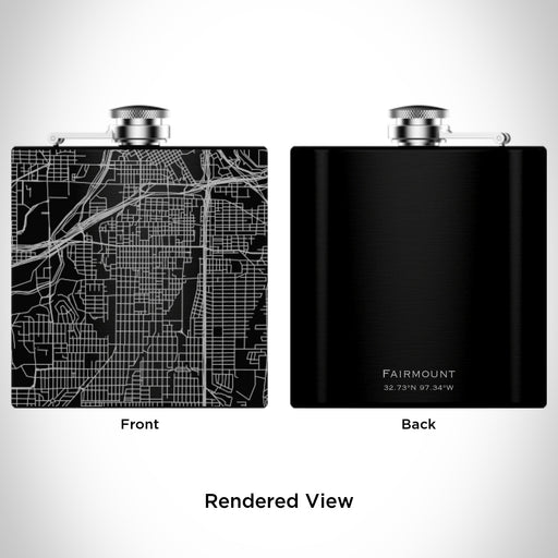 Rendered View of Fairmount Fort Worth Map Engraving on 6oz Stainless Steel Flask in Black