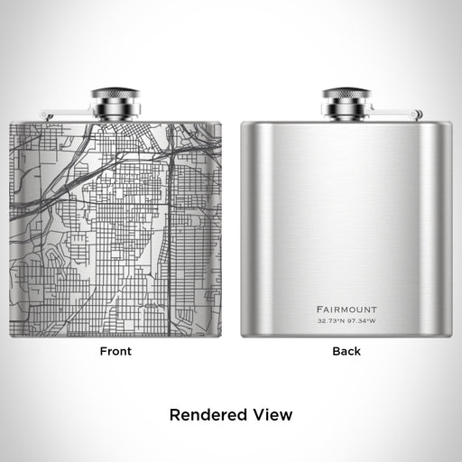Rendered View of Fairmount Fort Worth Map Engraving on 6oz Stainless Steel Flask