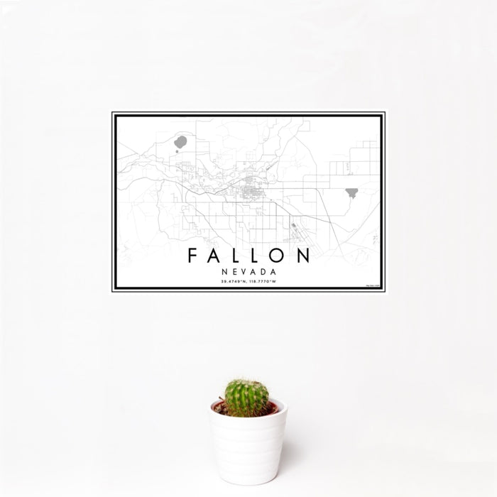 12x18 Fallon Nevada Map Print Landscape Orientation in Classic Style With Small Cactus Plant in White Planter