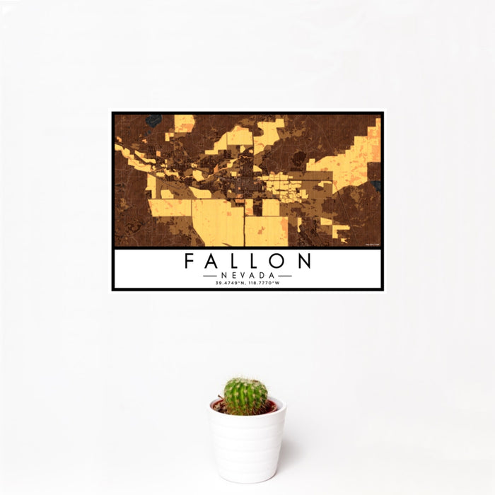 12x18 Fallon Nevada Map Print Landscape Orientation in Ember Style With Small Cactus Plant in White Planter