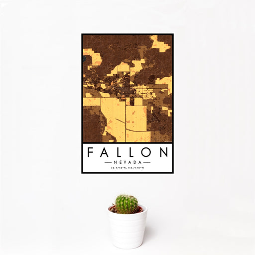12x18 Fallon Nevada Map Print Portrait Orientation in Ember Style With Small Cactus Plant in White Planter