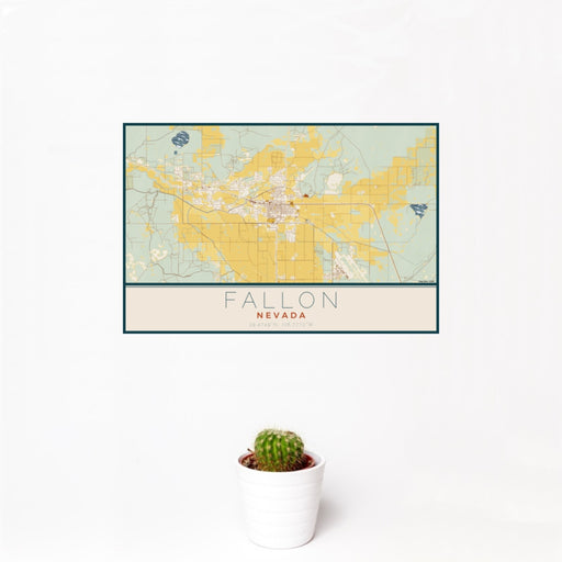 12x18 Fallon Nevada Map Print Landscape Orientation in Woodblock Style With Small Cactus Plant in White Planter