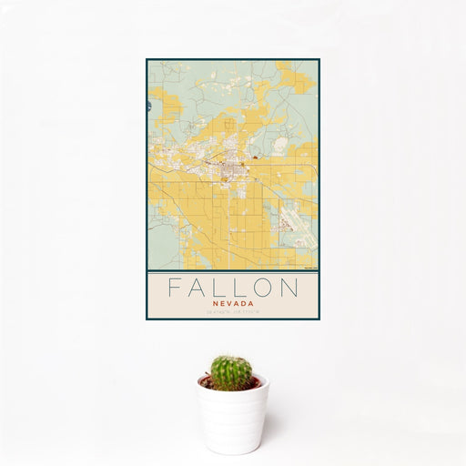 12x18 Fallon Nevada Map Print Portrait Orientation in Woodblock Style With Small Cactus Plant in White Planter