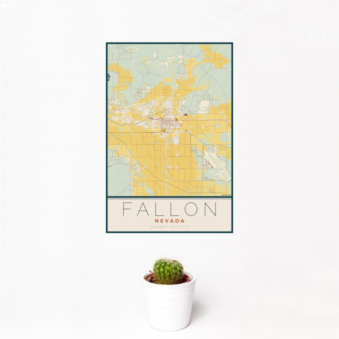 12x18 Fallon Nevada Map Print Portrait Orientation in Woodblock Style With Small Cactus Plant in White Planter