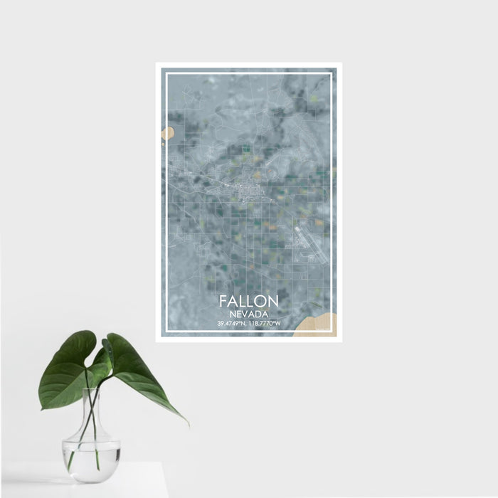 16x24 Fallon Nevada Map Print Portrait Orientation in Afternoon Style With Tropical Plant Leaves in Water