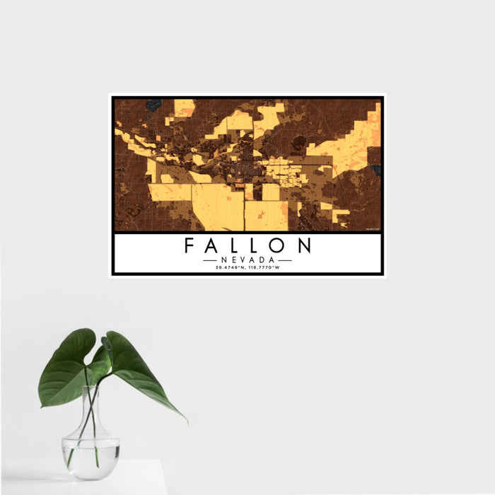 16x24 Fallon Nevada Map Print Landscape Orientation in Ember Style With Tropical Plant Leaves in Water