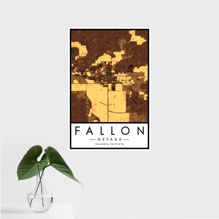 16x24 Fallon Nevada Map Print Portrait Orientation in Ember Style With Tropical Plant Leaves in Water
