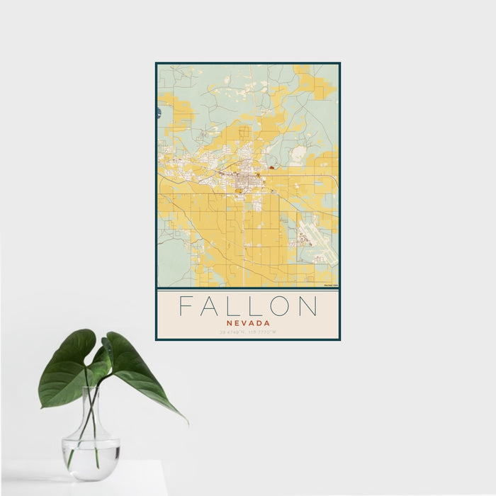16x24 Fallon Nevada Map Print Portrait Orientation in Woodblock Style With Tropical Plant Leaves in Water