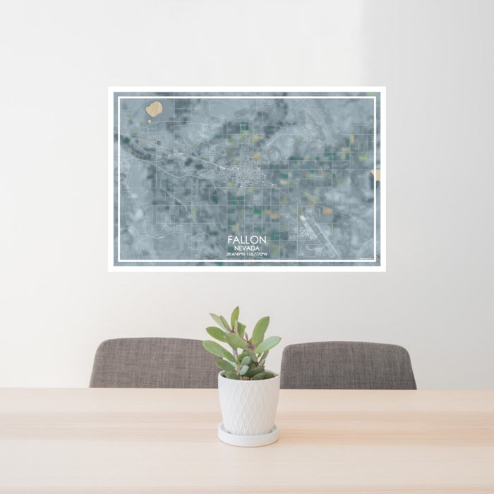 24x36 Fallon Nevada Map Print Lanscape Orientation in Afternoon Style Behind 2 Chairs Table and Potted Plant