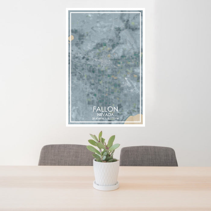24x36 Fallon Nevada Map Print Portrait Orientation in Afternoon Style Behind 2 Chairs Table and Potted Plant