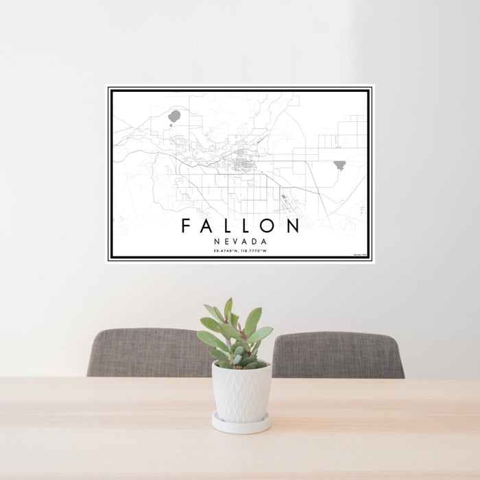 24x36 Fallon Nevada Map Print Lanscape Orientation in Classic Style Behind 2 Chairs Table and Potted Plant