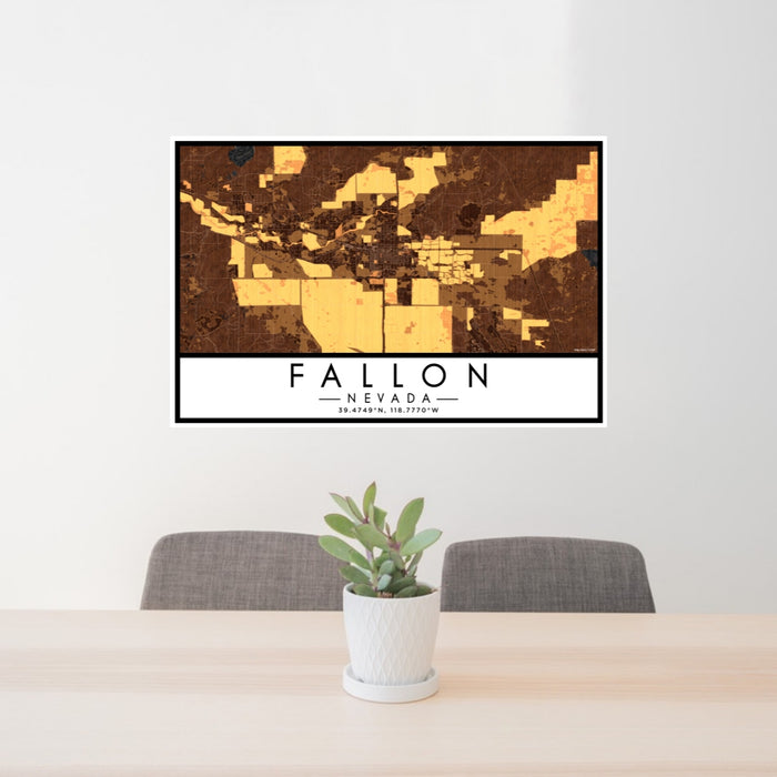 24x36 Fallon Nevada Map Print Lanscape Orientation in Ember Style Behind 2 Chairs Table and Potted Plant
