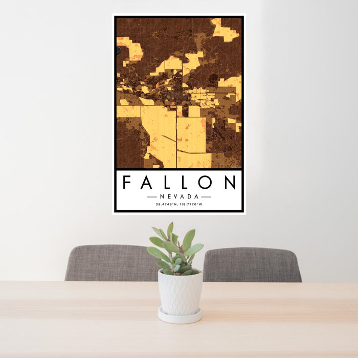 24x36 Fallon Nevada Map Print Portrait Orientation in Ember Style Behind 2 Chairs Table and Potted Plant