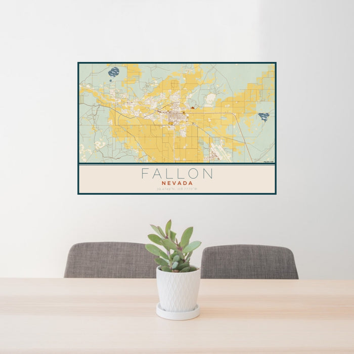24x36 Fallon Nevada Map Print Lanscape Orientation in Woodblock Style Behind 2 Chairs Table and Potted Plant