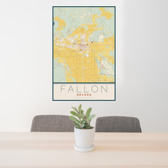 24x36 Fallon Nevada Map Print Portrait Orientation in Woodblock Style Behind 2 Chairs Table and Potted Plant