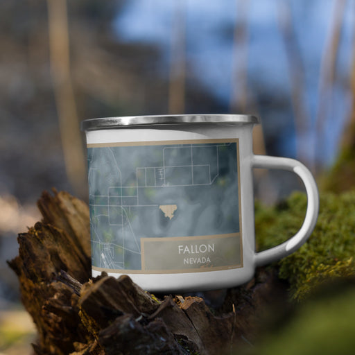 Right View Custom Fallon Nevada Map Enamel Mug in Afternoon on Grass With Trees in Background
