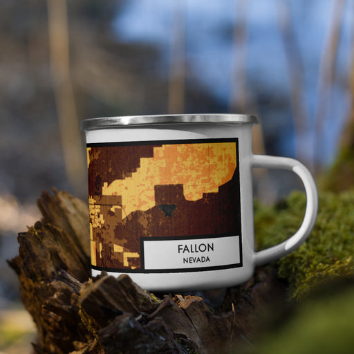 Right View Custom Fallon Nevada Map Enamel Mug in Ember on Grass With Trees in Background