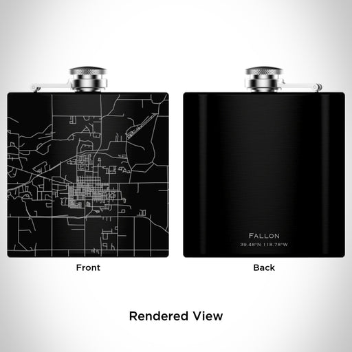 Rendered View of Fallon Nevada Map Engraving on 6oz Stainless Steel Flask in Black