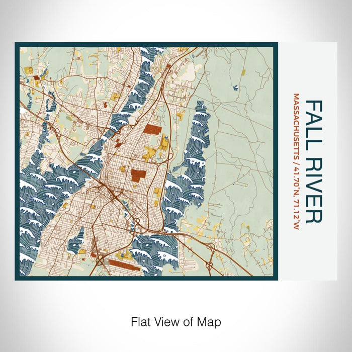 Rendered View of Fall River Massachusetts Map on 20oz Stainless Steel Insulated Bottle with Bamboo Top with printed woodblock style map