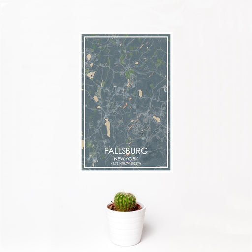 12x18 Fallsburg New York Map Print Portrait Orientation in Afternoon Style With Small Cactus Plant in White Planter