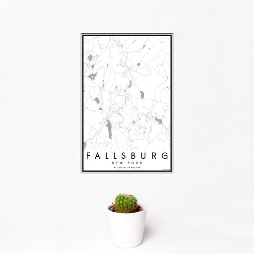 12x18 Fallsburg New York Map Print Portrait Orientation in Classic Style With Small Cactus Plant in White Planter