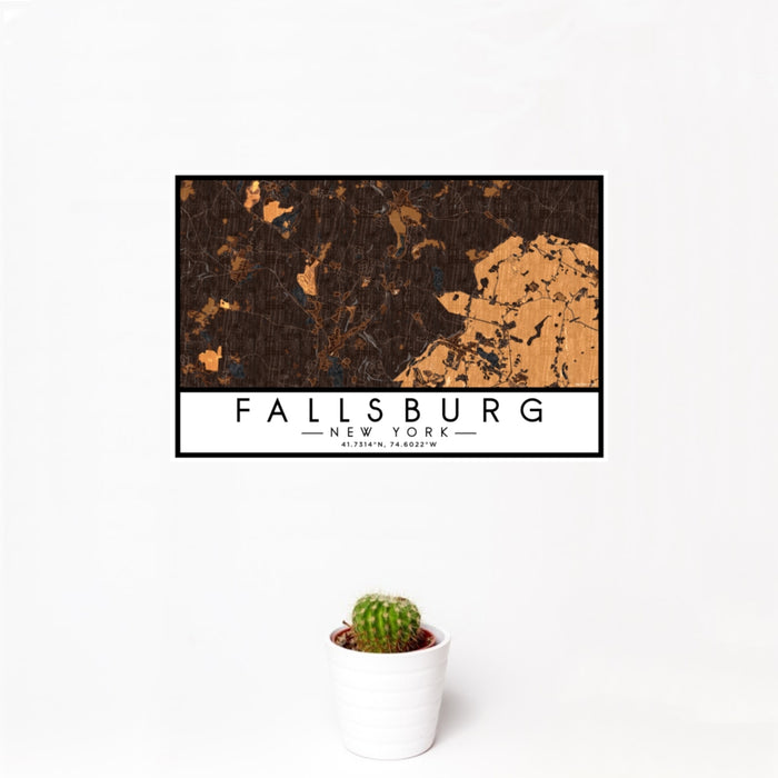 12x18 Fallsburg New York Map Print Landscape Orientation in Ember Style With Small Cactus Plant in White Planter