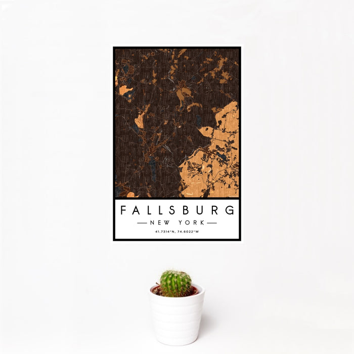 12x18 Fallsburg New York Map Print Portrait Orientation in Ember Style With Small Cactus Plant in White Planter