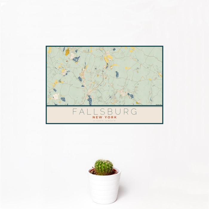 12x18 Fallsburg New York Map Print Landscape Orientation in Woodblock Style With Small Cactus Plant in White Planter