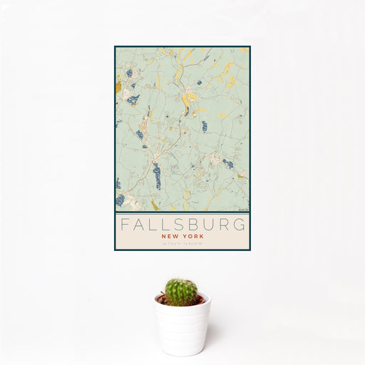 12x18 Fallsburg New York Map Print Portrait Orientation in Woodblock Style With Small Cactus Plant in White Planter