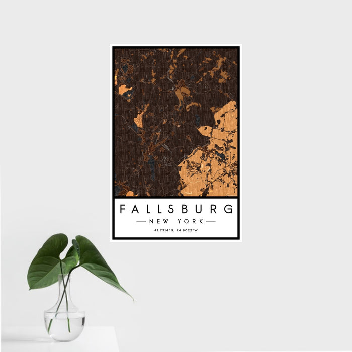 16x24 Fallsburg New York Map Print Portrait Orientation in Ember Style With Tropical Plant Leaves in Water