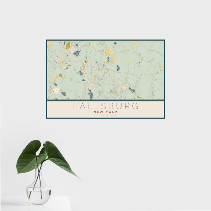 16x24 Fallsburg New York Map Print Landscape Orientation in Woodblock Style With Tropical Plant Leaves in Water