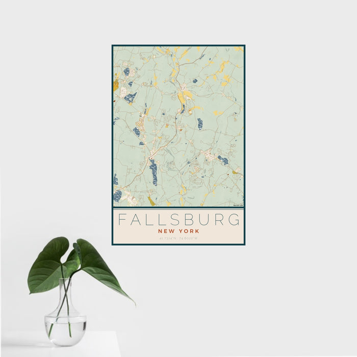 16x24 Fallsburg New York Map Print Portrait Orientation in Woodblock Style With Tropical Plant Leaves in Water